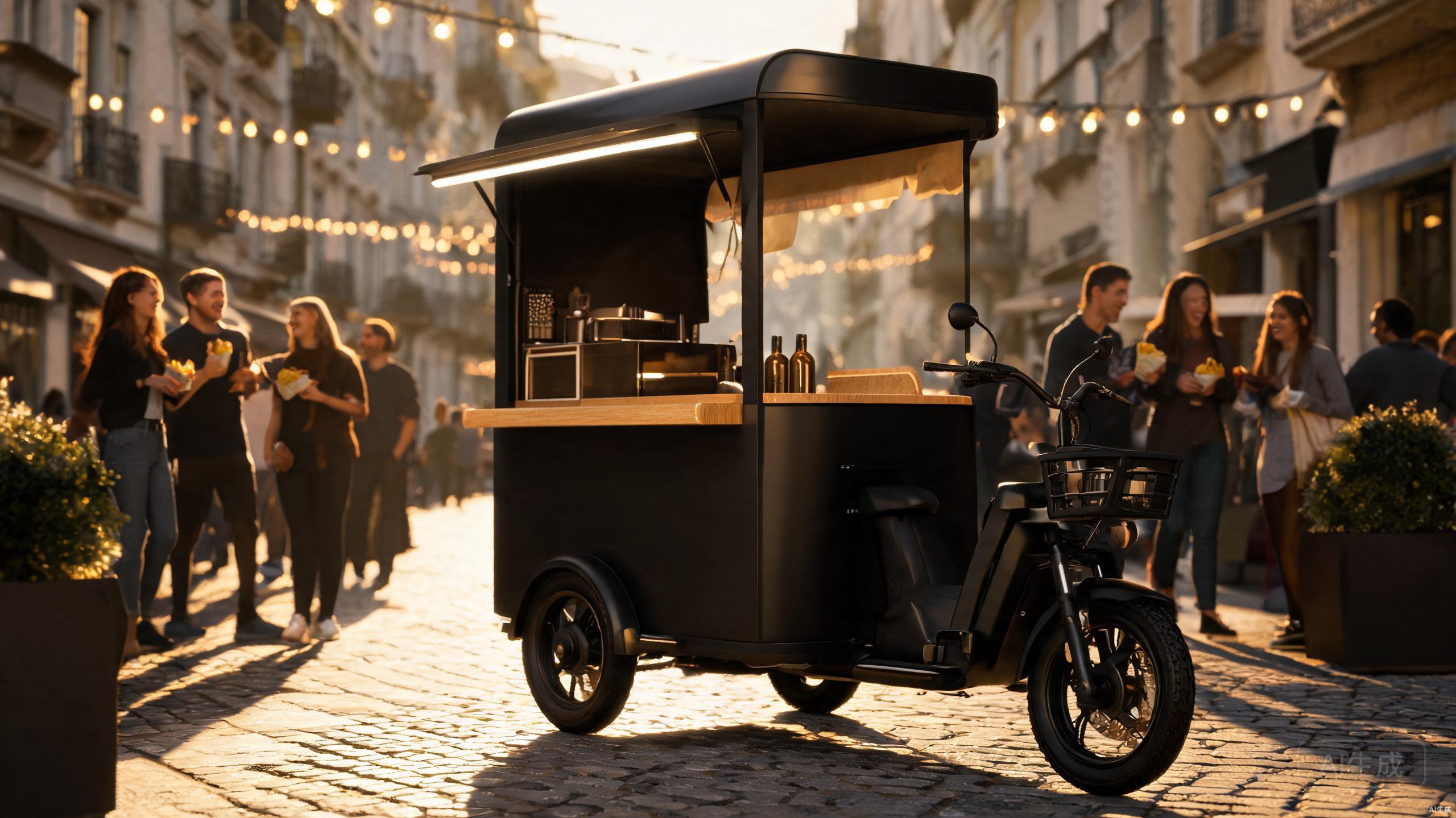 Electric food tricycle cart on a city street at golden hour